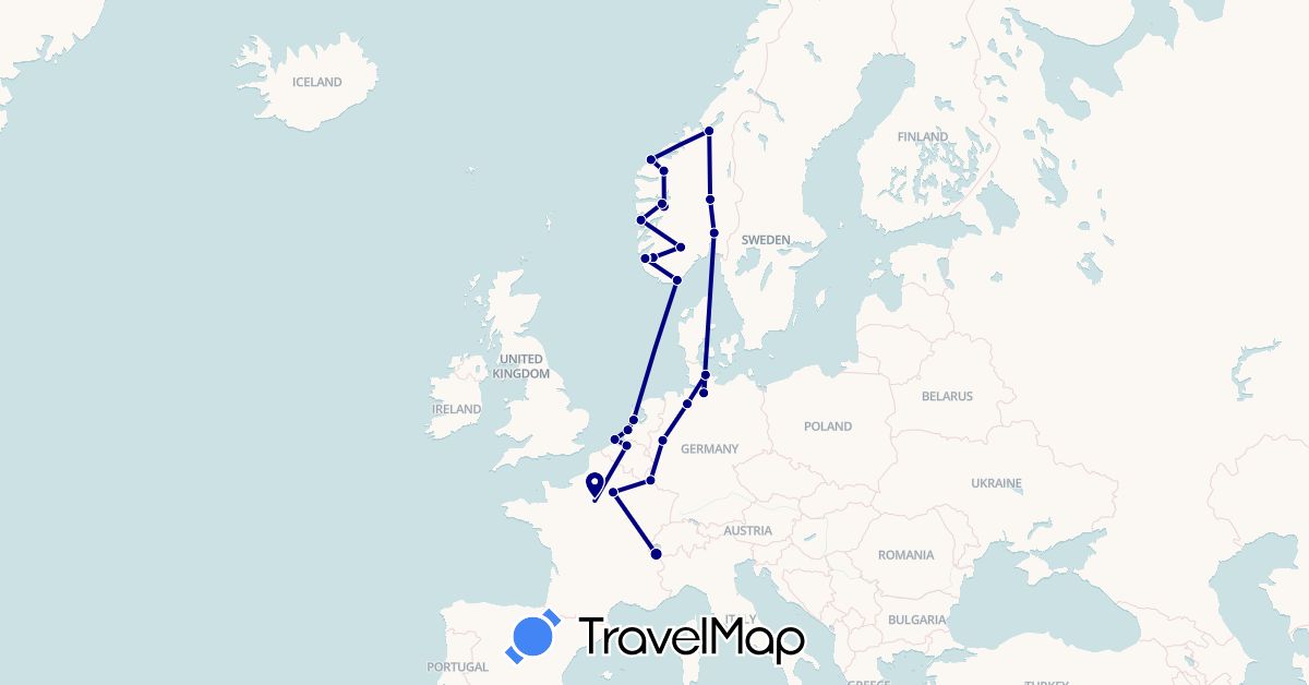 TravelMap itinerary: driving in Belgium, Germany, France, Luxembourg, Netherlands, Norway (Europe)